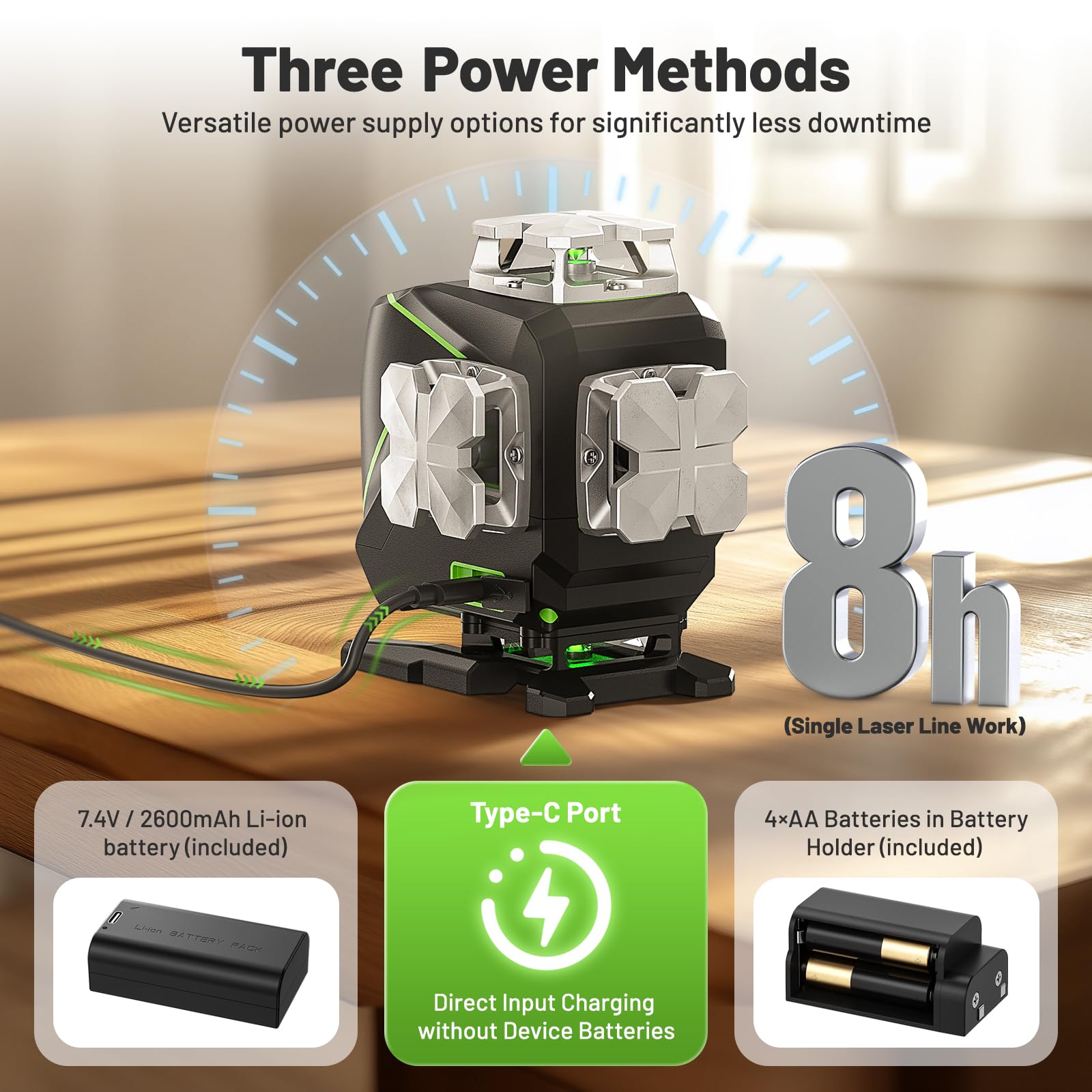 Huepar Laser Level 360 Self Leveling, 4x360° Green 4D Cross Line Laser with LCD Screen, Bluetooth Outdoor Pulse Mode Laser Tool for Construction -Remote Control, Li-ion Battery or 4 AA Batteries-S04CG - Medaid International