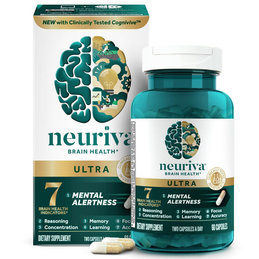 NEURIVA Ultra Decaffeinated Clinically Tested Nootropic Brain Supplement for Mental Alertness, Memory, Focus & Concentration, Cognivive, Neurofactor, Phosphatidylserine, Vitamins B6 B12, 60 Capsules - Medaid International