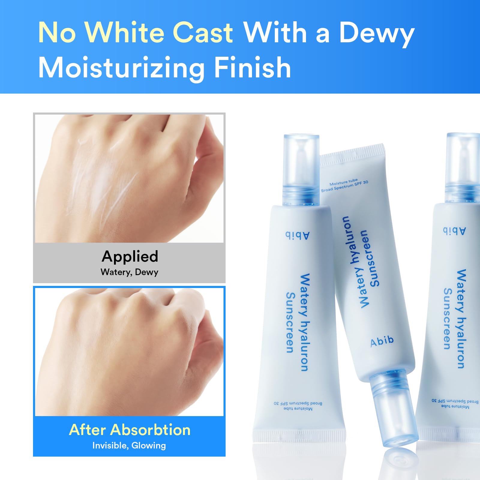 Abib Watery Hyaluron Sunscreen Moisture Tube Broad Spectrum SPF 30 1.69 fl oz / 50ml | Korean Suncreen Suncare Sunblock No White cast Reef Safe Hyaluronic Acid Niacinamide Vitamin C Collagen - Medaid International