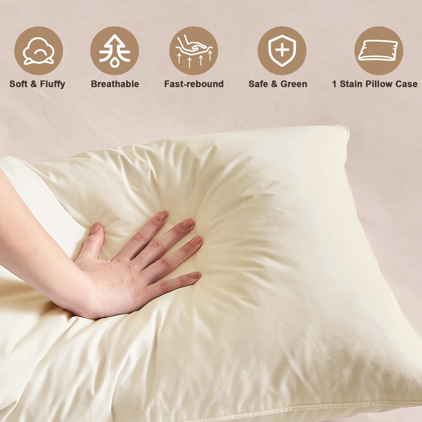 BHZ Satin Goose Down Feather Pillows King Size with Beige Satin Pillowcase for Hair and Skin, Cooling Pillow Cases Similar to Silk Pillow Cases, Christmas Decorative Gifts for Women, Mom Men - Medaid International