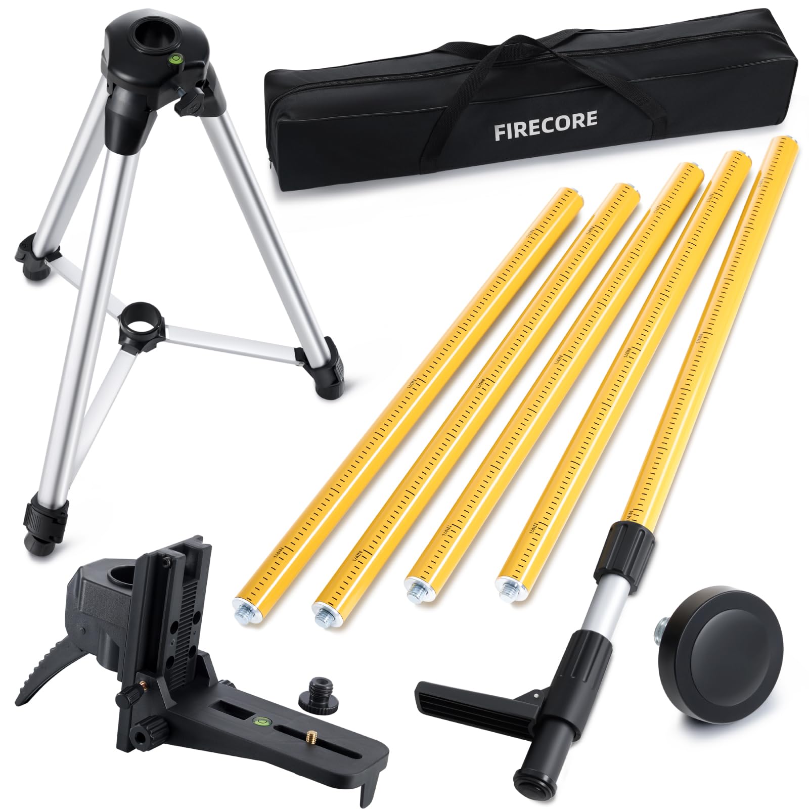 Firecore 12 Ft./3.7M Professional Laser Level Pole with Tripod and 1/4-Inch by 20-Inch Laser Mount for Rotary and Line Lasers, Adjustable Telescoping Laser Pole with 5/8"-11 Threaded Adapter-FLP370C - Medaid International