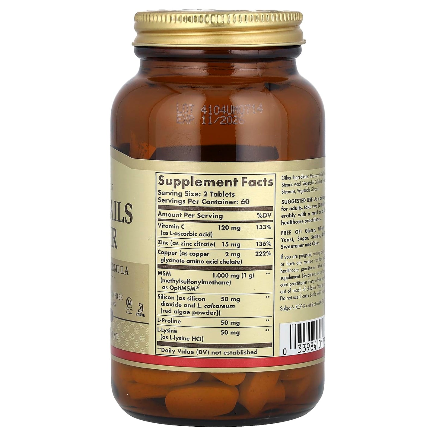 Solgar Skin, Nails & Hair, Advanced MSM Formula, 120 Tablets - Supports Collagen for Hair, Nail and Skin Health - Provides Zinc, Vitamin C & Copper - Non GMO, Vegan, Gluten & Dairy Free - 60 Servings ,Standard Packaging , 120 Count - Medaid International