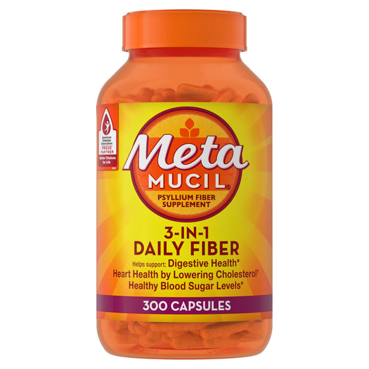 Metamucil, Fiber Capsules, 3-in-1 Psyllium Husk Fiber, 300 Capsules, Daily Fiber Supplement, Help support digestive health*, heart health by lowering cholesterol†, and healthy blood sugar levels*. - Medaid International