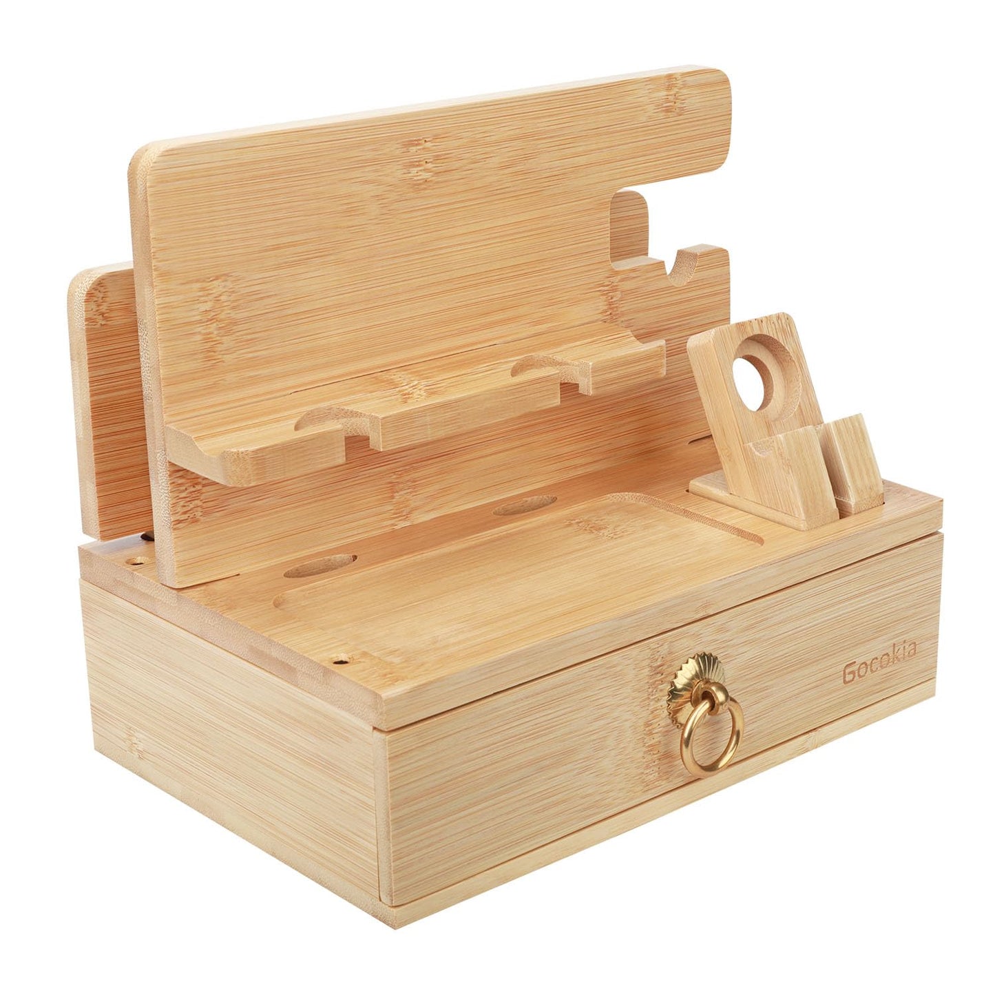 Gocokia Multifunctional Bamboo Stands, Dual Cell Phone Holder, Tablet Storage Stand, Watch Storage Hanger, Bamboo Cell Phone Holder with Drawer - Medaid International