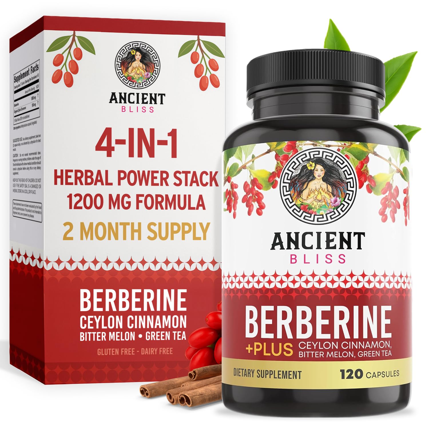 Ancient Bliss Berberine HCL 1200mg with Ceylon Cinnamon, Bitter Melon, and Green Tea Extract - 120 Capsules - Medaid International