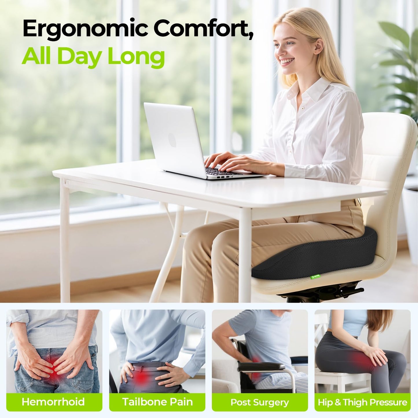 AUVON Ergonomic Donut Pillow Seat Cushion for Hemorrhoid & Tailbone Pain Relief, Thick Memory Foam Chair Cushions with Firm Support for Coccyx, Sciatica, Pressure Sores, Pregnancy, Postpartum Recovery - Medaid International