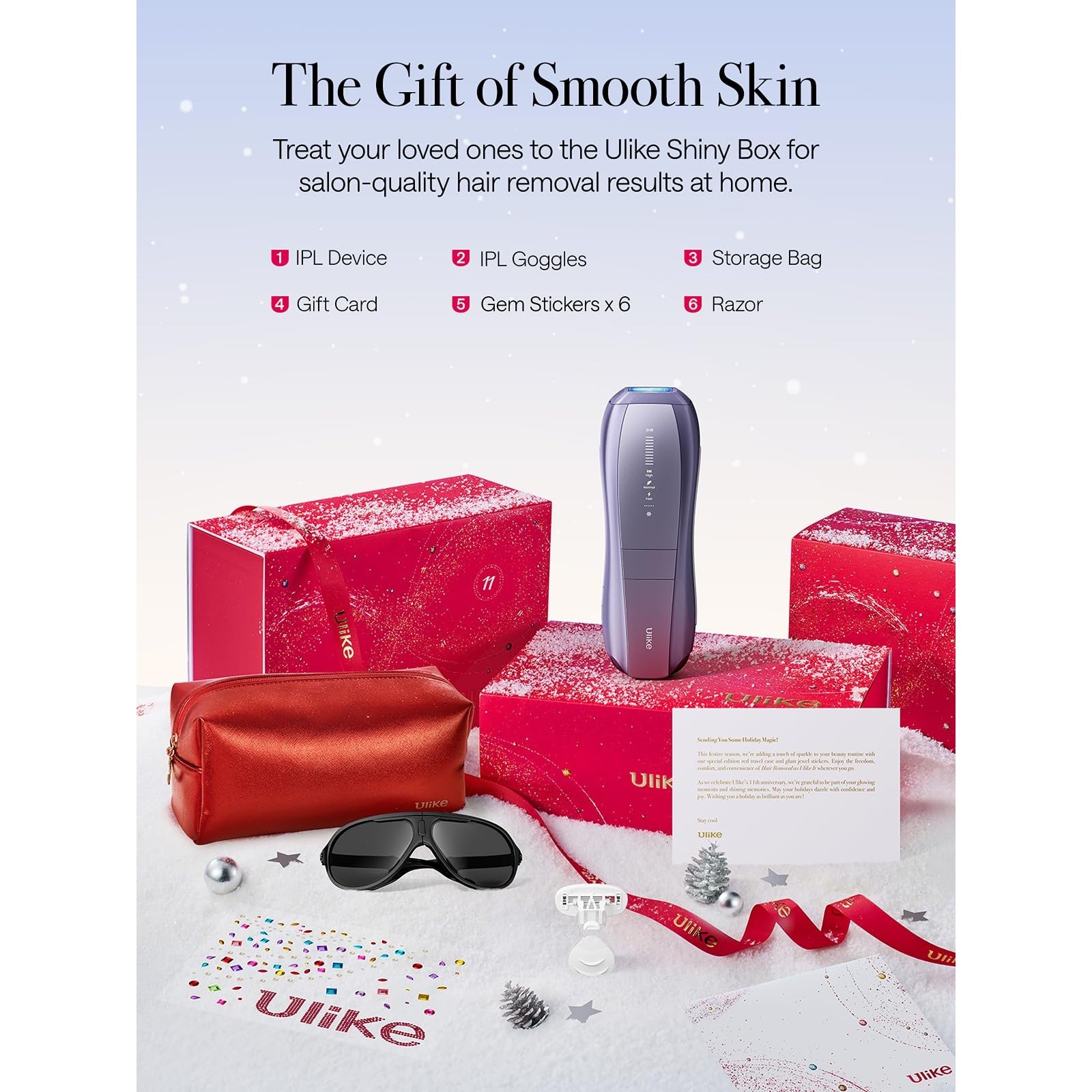 Ulike Laser Hair Removal, Air 10 IPL Hair Removal Device with Ice Cooling, Dual Lights, SHR Mode for Women & Men, Limited Holiday Set with Aloe Vera Gels, Gem Stickers, Christmas Cards & Storage Bag - Medaid International