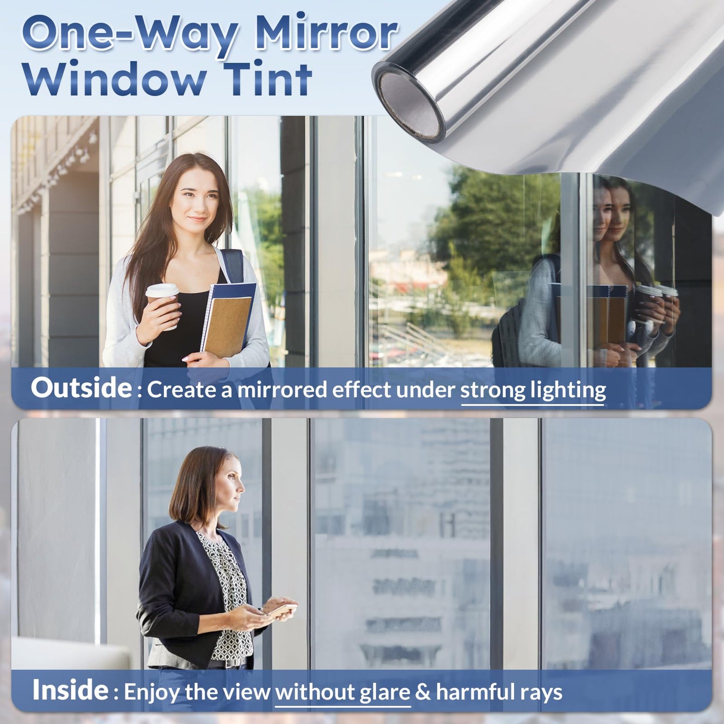 rabbitgoo One Way Window Film Daytime Privacy Mirror Window Tint for Home Office, Heat Control Sun Blocking Anti UV Reflective Tinting Film Glass Window Door Covering,17.5 in X 6.5 Feet, Silver - Medaid International