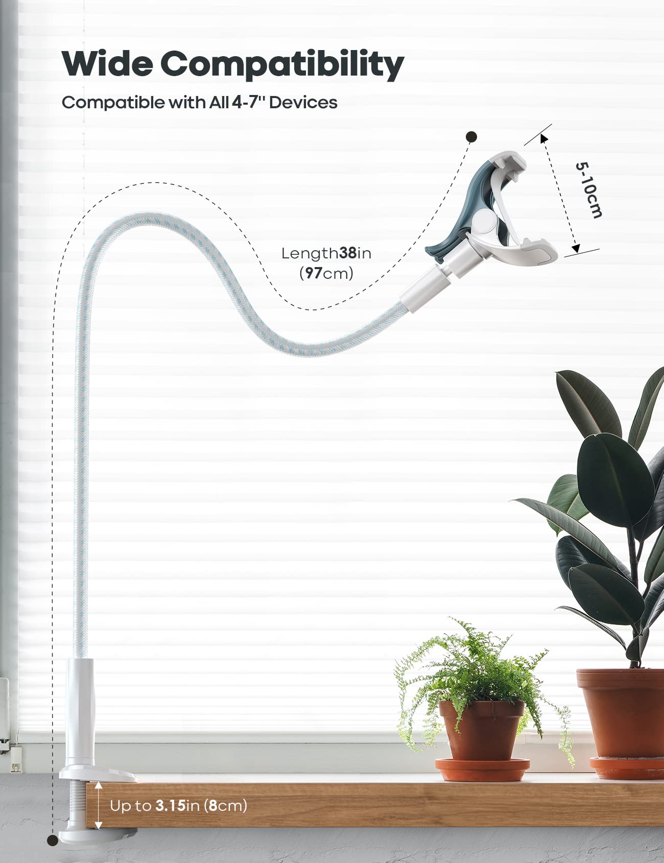 Lamicall Gooseneck Phone Holder Bed - [Nylon Braided] Flexible Arm, Overall Length 38inch, 360 Adjustable Clamp Clip, Overhead Cell Phone Mount Stand for Bed, Blue White - Medaid International