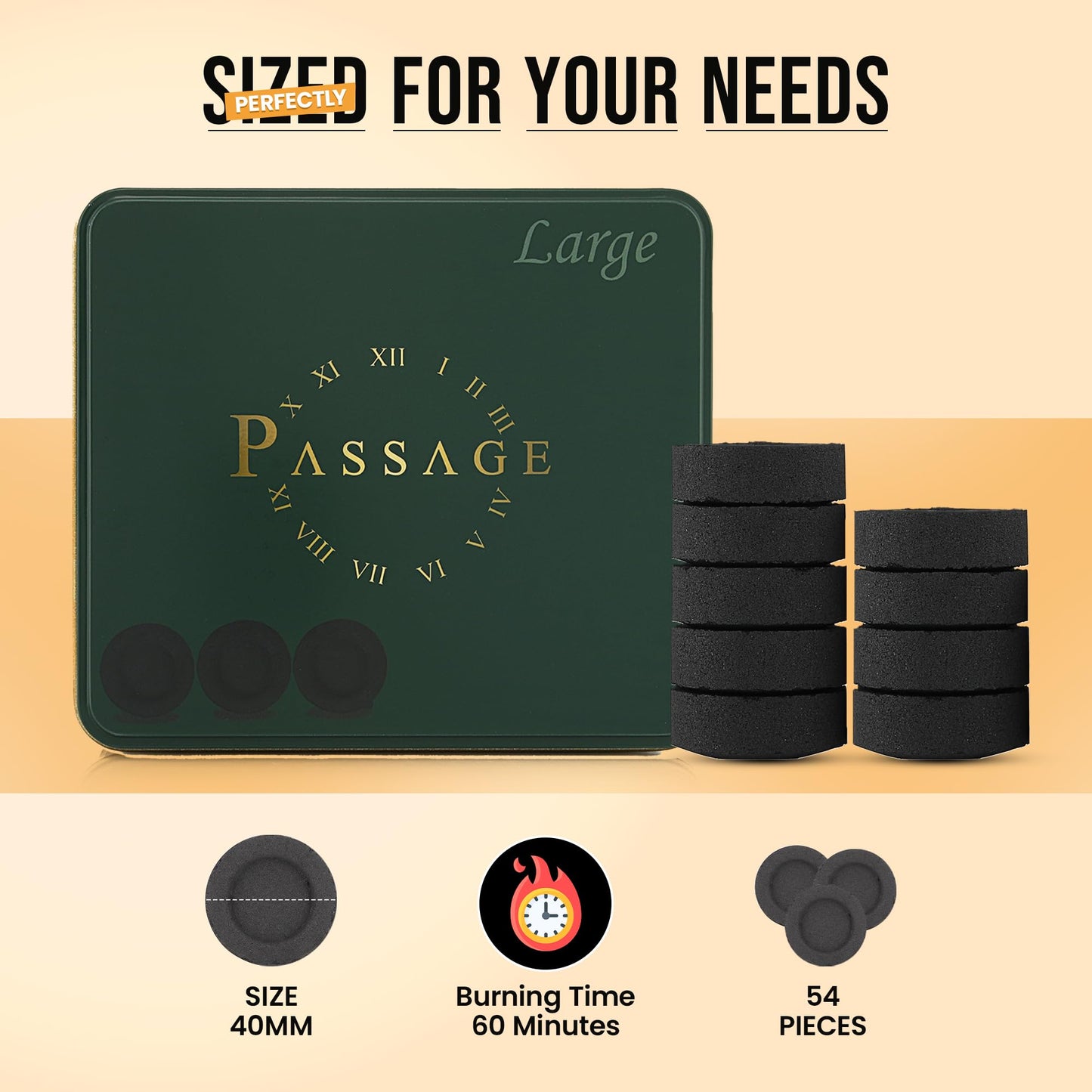 PASSAGE Charcoal Premium Bakhoor/Oud Quick Lighting Large Briquets | Metal Box | 54 Pieces | SIZE 40mm | BURNING TIME 60 MINUTE | Odourless – Smokeless – Longer Burning | Best For-Large Areas- Majlis - Medaid International