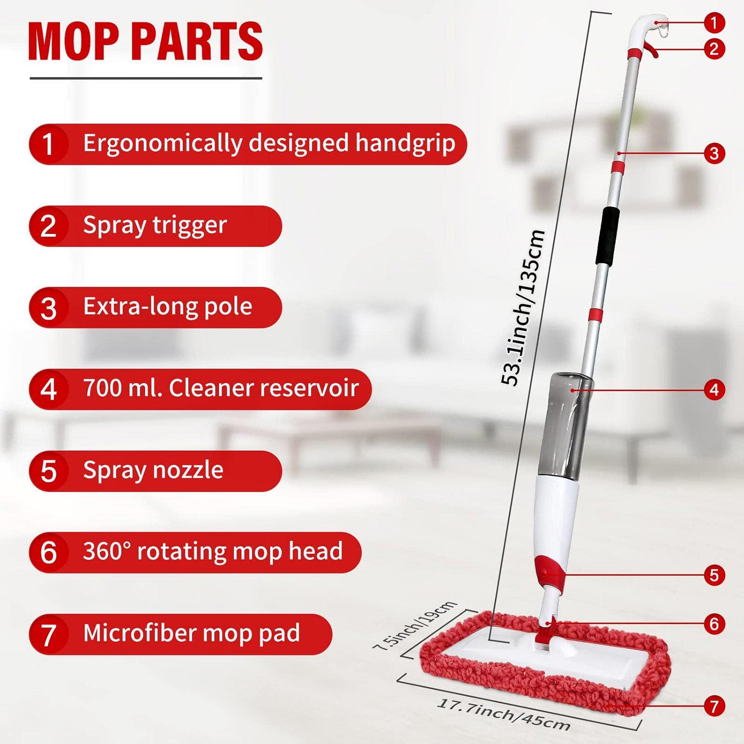 Spray Mops for Floor Cleaning, Microfiber Spray Cleaning Mop Kit with 3 Reusable Washable Pads 700ML Refillable Bottle and Scrubber Flat Mop with 360 Degree Swivel Head for Hardwood Laminate - Medaid International