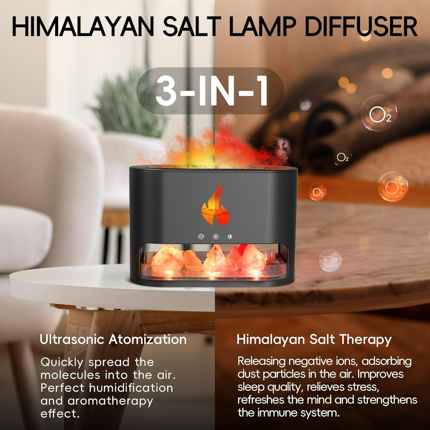 3 in 1 Flame Aroma Diffuser & Himalayan Salt Lamp  250ml Cool Mist Humidifier - Medaid International