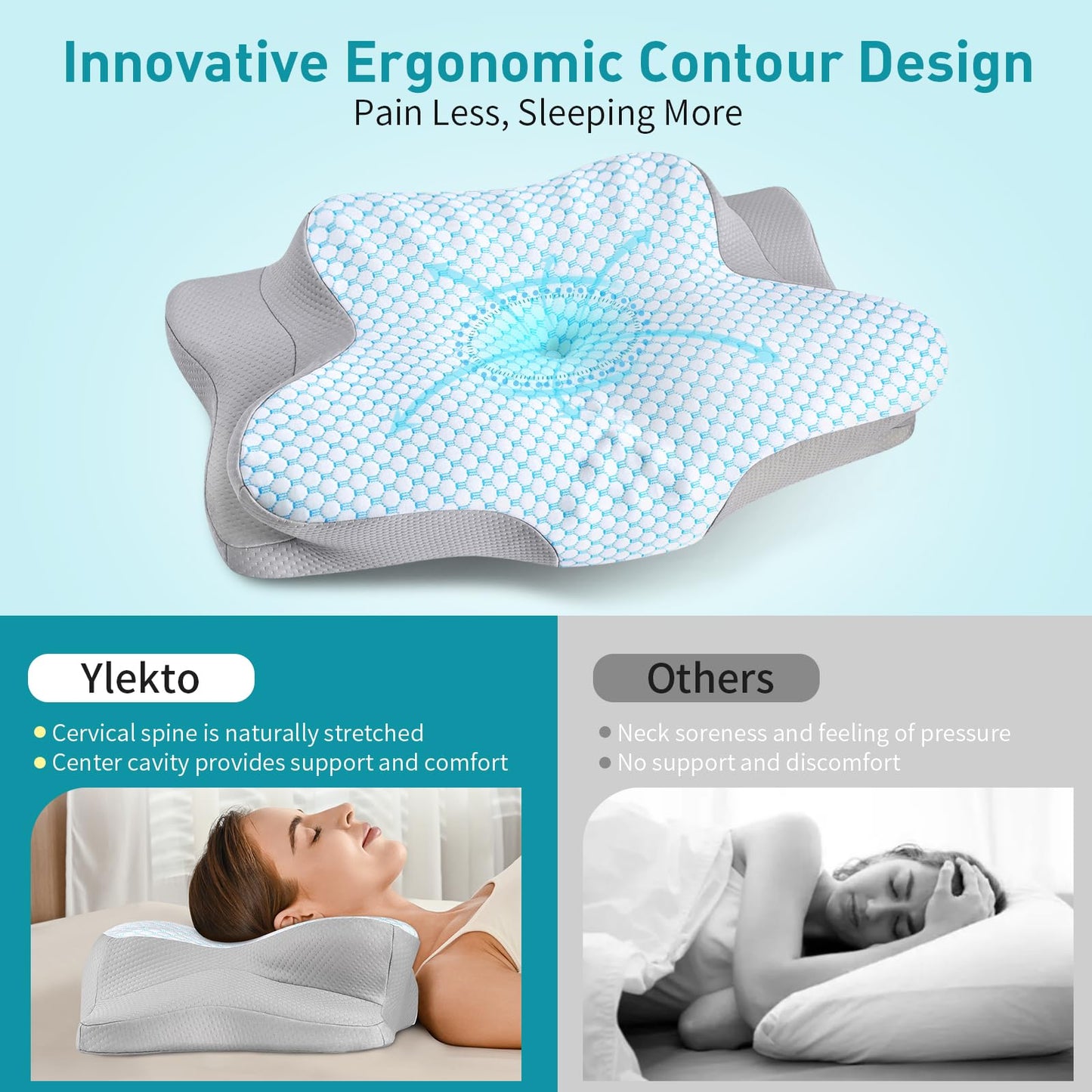 Cervical Pillow for Neck Pain Relief - Ergonomic Pillow for Sleeping Side Sleeper Pillow for Adults, Contour Neck Pillow Cooling Memory Foam Pillows, Orthopedic Bed Pillow for Back Stomach Sleepers - Medaid International
