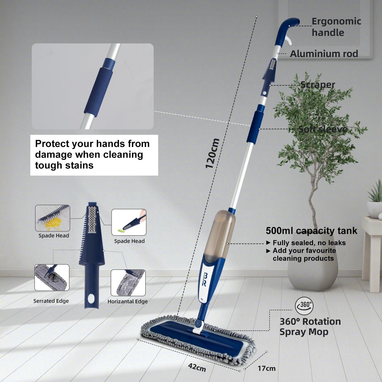 Spray Mop for Floor Cleaning with 360° Rotation - Multi-Surface Floor Cleaner for Wet/Dry Mopping, Lightweight Handle for Kitchen,Bathroom,Hardwood&Tile Floors - Medaid International