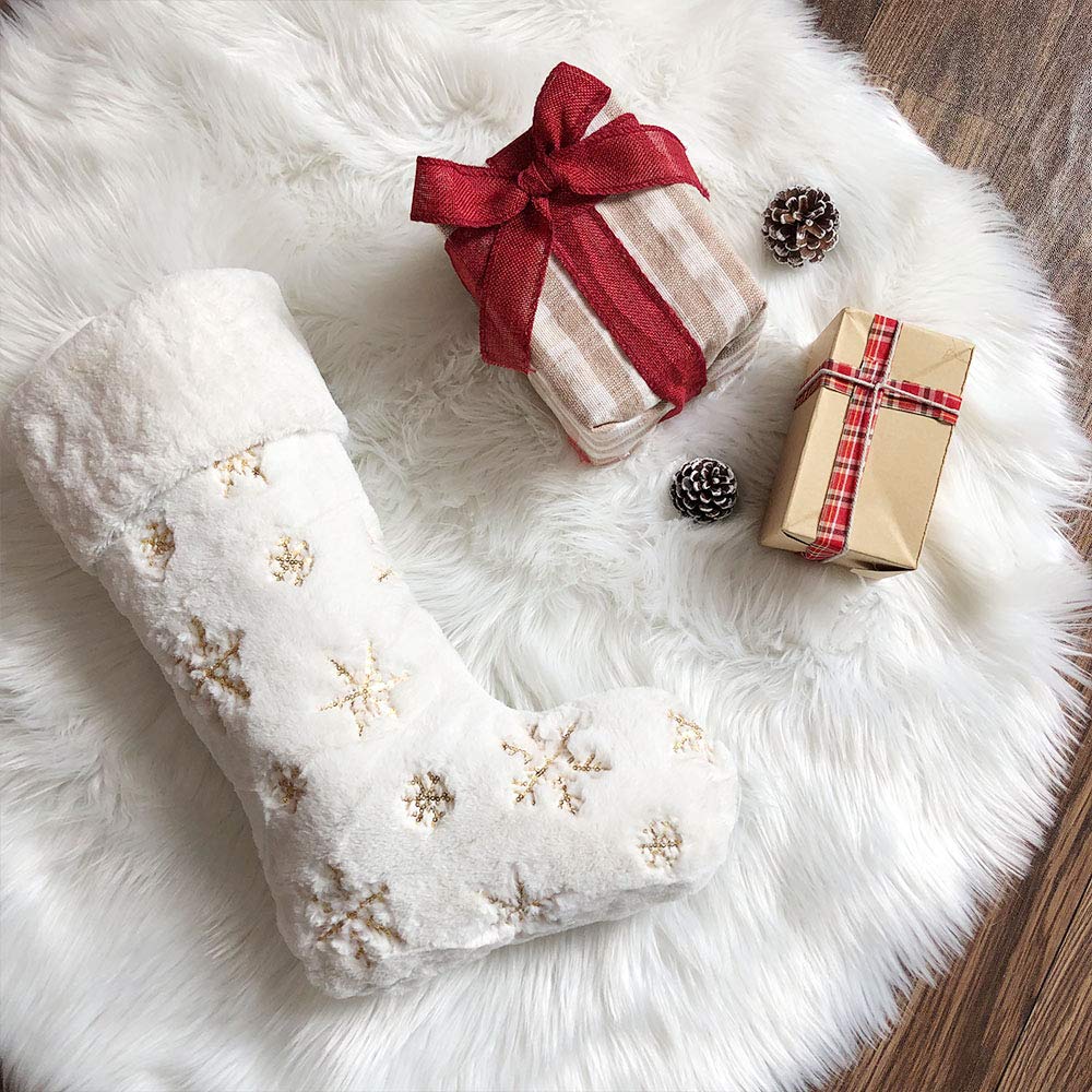 AtiMing 2pcs Plush Christmas Stockings White Faux Fur Large 56cm Deluxe Hanging Xmas Stockings with Gold Sequins Snowflake for Christmas Fireplace Decorations Socks (White-G, 22inches) - Medaid International