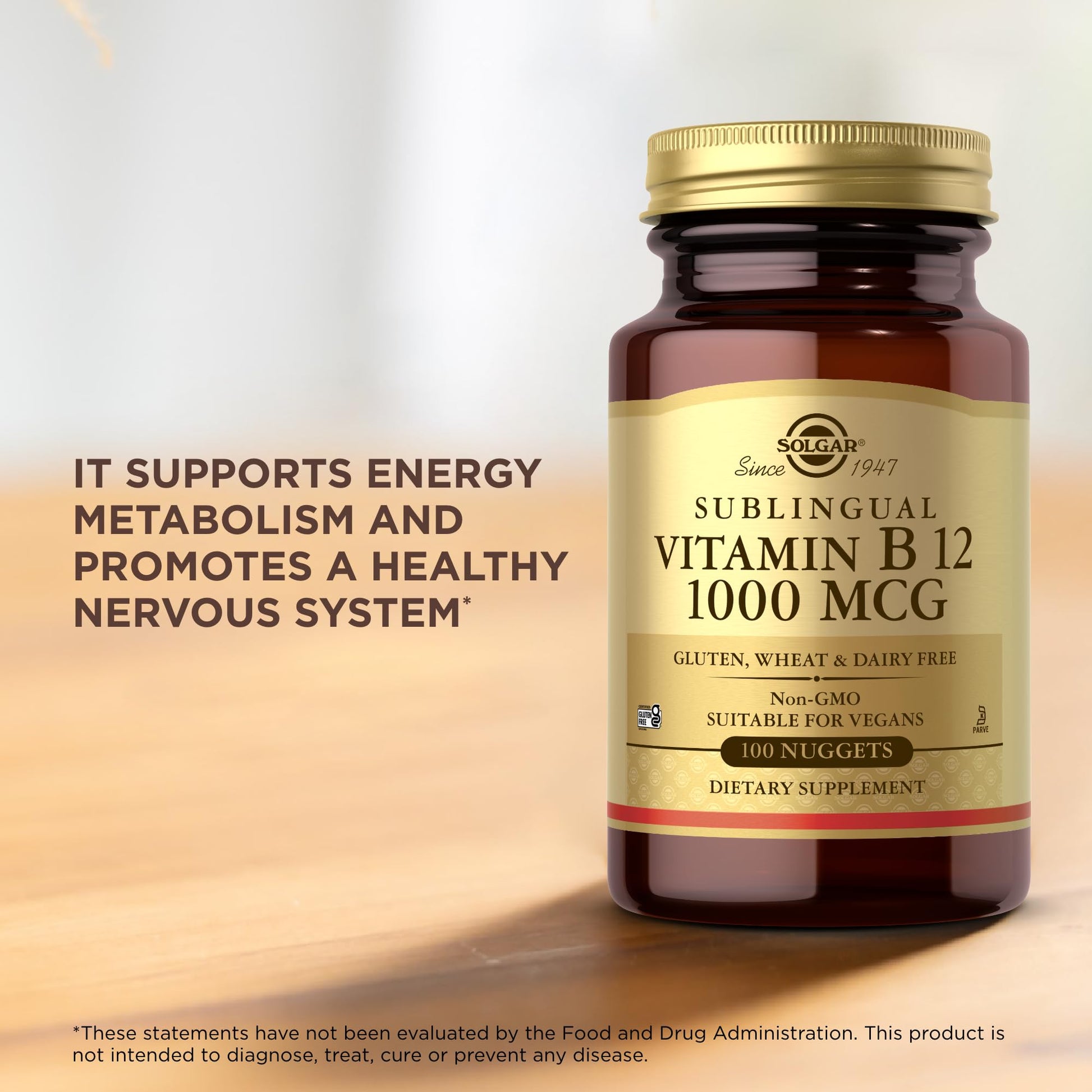 Solgar Sublingual Vitamin B12 1000 mcg - 100 Nuggets - Non-GMO, Vegan, Gluten Free, Dairy Free, Kosher, Halal - 100 Servings - Medaid International