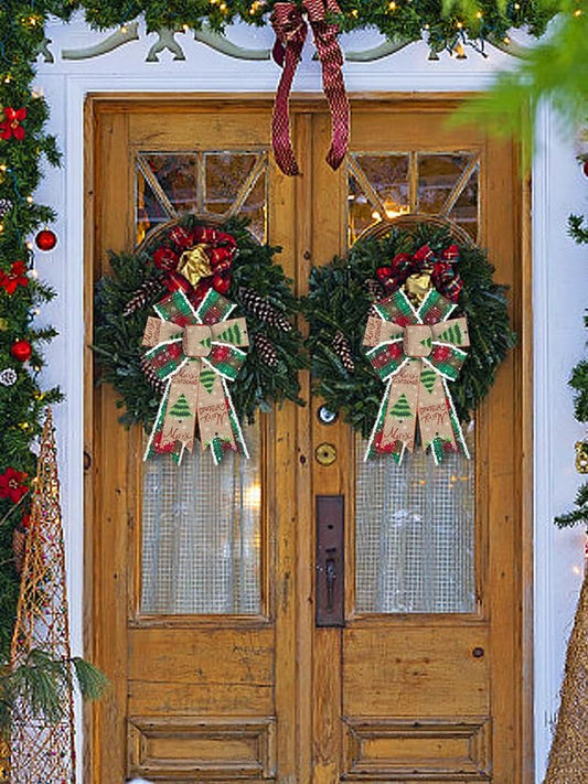 2pcs Christmas Wreath Bows, Vintage Green Buffalo Plaid Bows for Wreath Xmas Snowflake Tree Bows for Front Door, White Velvet Tree Bows for Winter Xmas Party Home Indoor Outdoor Decor - Medaid International
