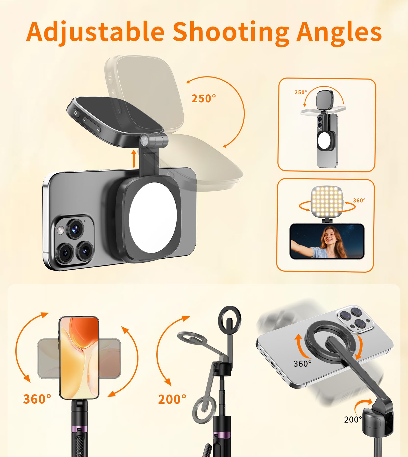 TONEOF 173cm Magnetic Mobile Phone Tripie with Light, 360° Rotating Selfie Stick Tripod, Mobile Phone Tripod with Metal Ring and Remote Control, Video Kit Compatible with iPhone and Android - Medaid International