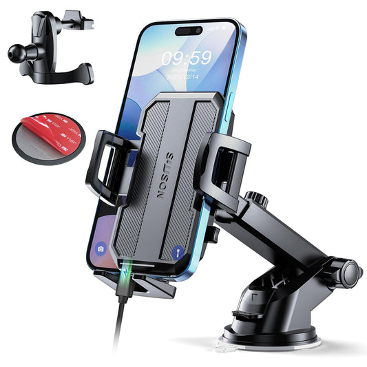 SUUSON Upgraded 3-in-1 Car Phone Holder Mount [Powerful Suction] Phone Mount for Car Dashboard Air Vent Windshield,for All iPhone Android Phone (Black) - Medaid International