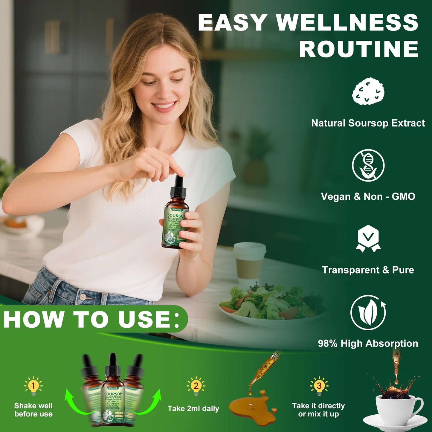 HEERB Organic Soursop Bitters Liquid – 4 Steps Detox Blend with Black Seed Oil, Ashwagandha, Moringa, Berberine, Maca Root | Pure Soursop Drops Supports Digestion, Energy & Overall Wellness (2 Fl Oz) - Medaid International