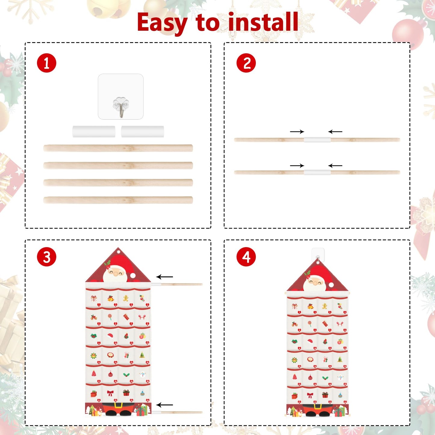 Auch Santa Advent Calendar 24 Days Hanging Wall Decoration, Fabric Christmas Countdown Calendar with Pockets for Candy Gifts, Reusable Xmas Decor for Kids Family Home - Medaid International