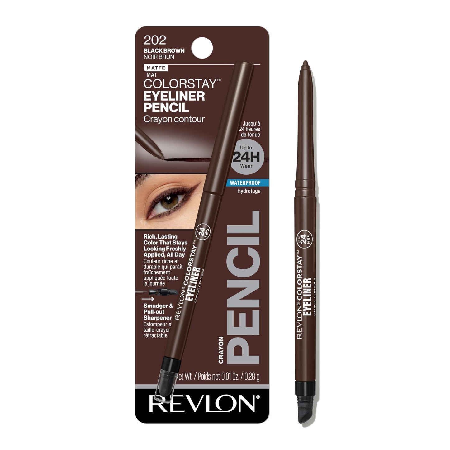 Revlon ColorStay Pencil Waterproof Eyeliner, Smudge-Proof, Eye Makeup with Built-In Sharpener, 202 Black Brown, 0.01 oz - Medaid International