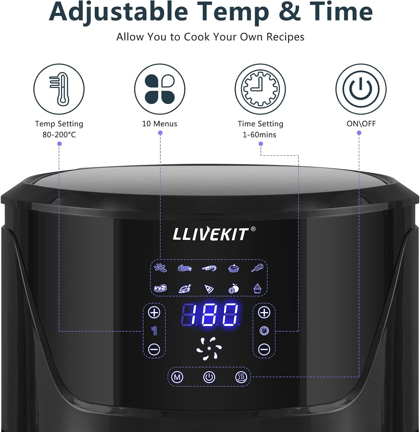 7L Large Air Fryer, 1800W + Digital Touch Screen - Black - Medaid International