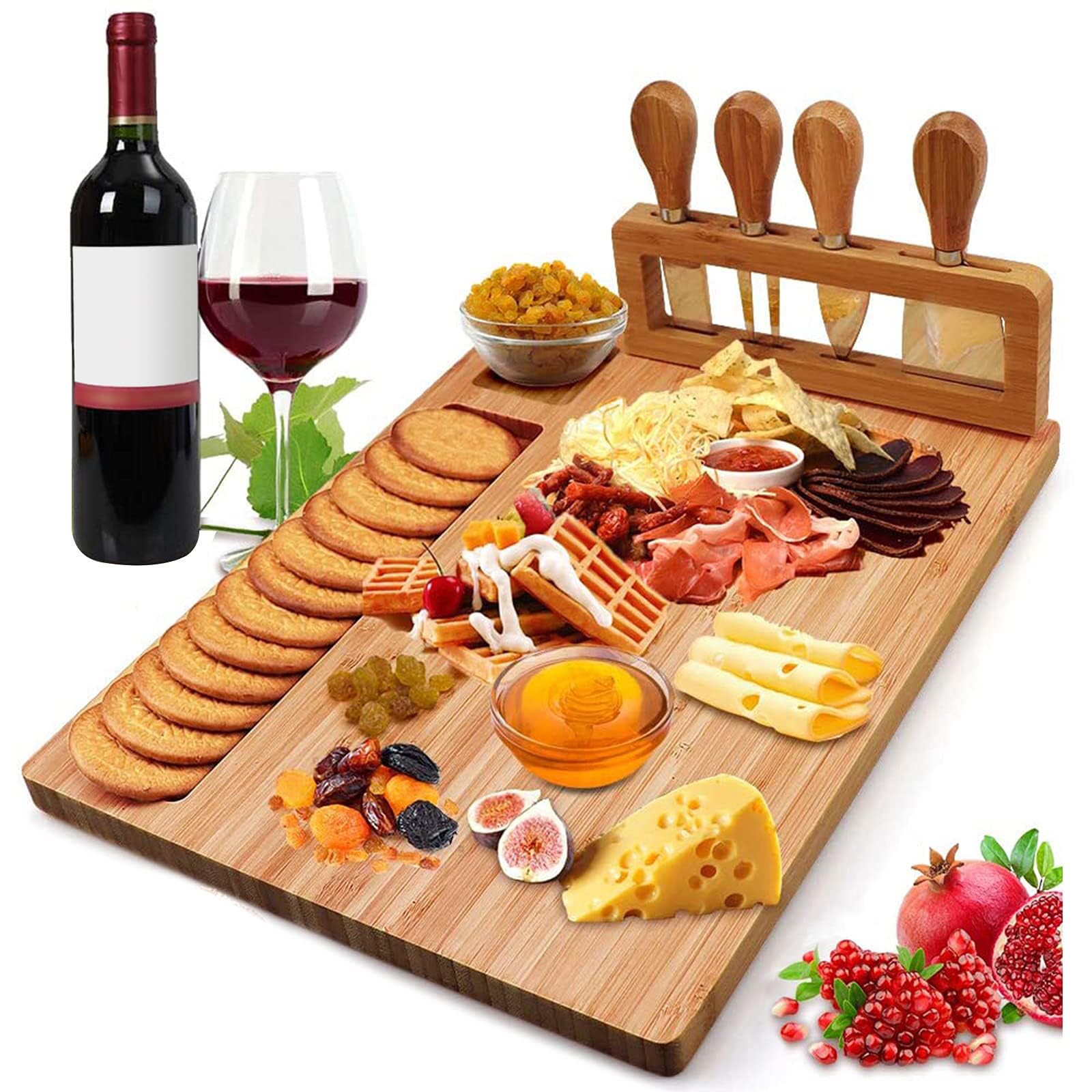 Widousy Bamboo Cheese Board Set, Cheese Tray, Charcuterie Board and Serving Meat Platter with 4 Stainless Steel Cheese Knives, Ideal for Wedding Gifts Christmas Birthday Party (14''x11'') - Medaid International