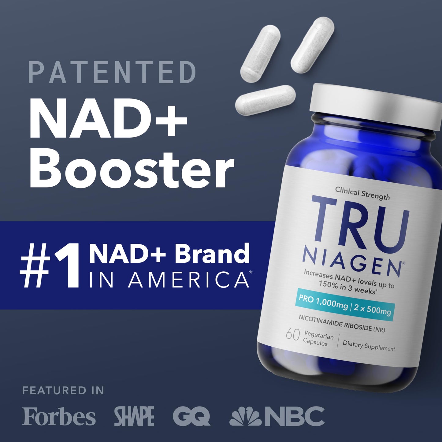 TRU NIAGEN PRO NAD+ Supplement for Anti Aging and Cell Regeneration, 2 x 500mg Patented Niagen, 30 Servings | Supports Cellular Energy | Nicotinamide Riboside (NR) Daily Supplements for Men and Women - Medaid International