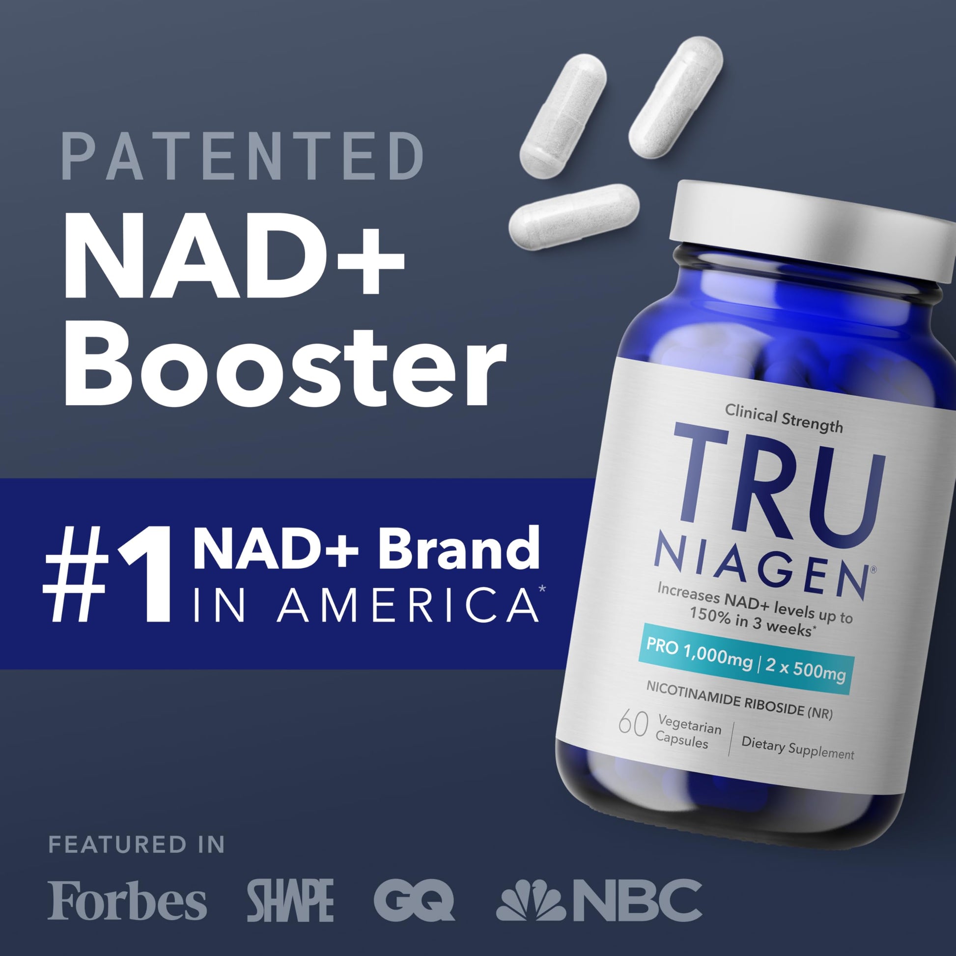 TRU NIAGEN PRO NAD+ Supplement for Anti Aging and Cell Regeneration, 2 x 500mg Patented Niagen, 30 Servings | Supports Cellular Energy | Nicotinamide Riboside (NR) Daily Supplements for Men and Women - Medaid International