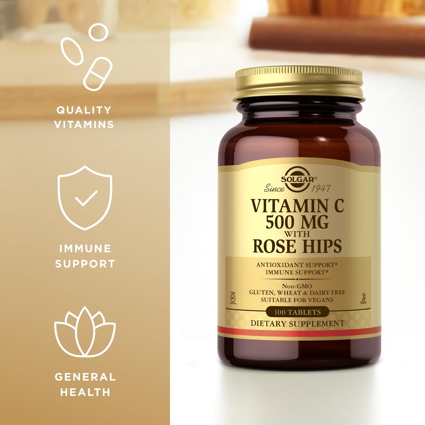 Solgar Vitamin C 500 mg with Rose HIPS, 100 Tablets - Antioxidant & Immune Support - Overall Health - Supports Healthy Skin & Joints - Non-GMO, Vegan, Gluten Free, Dairy Free, Kosher - 100 Servings - Medaid International
