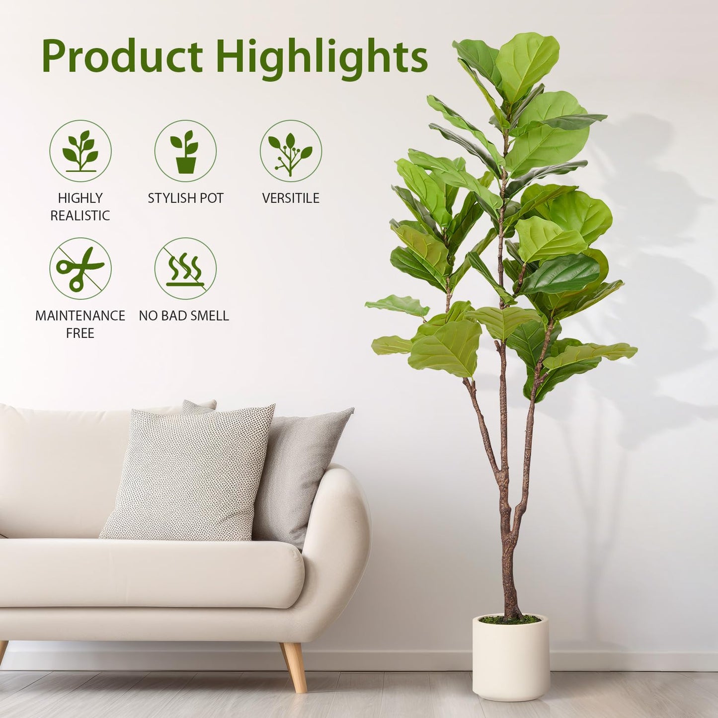 Artificial Fiddle Leaf Fig Tree, 6FT Faux Ficus Lyrata Plant with Realistic Leaves, Lifelike Home Decor Faux Tree in Stylish Pot for Indoor, Office, Living Room Decor (6ft) - Medaid International