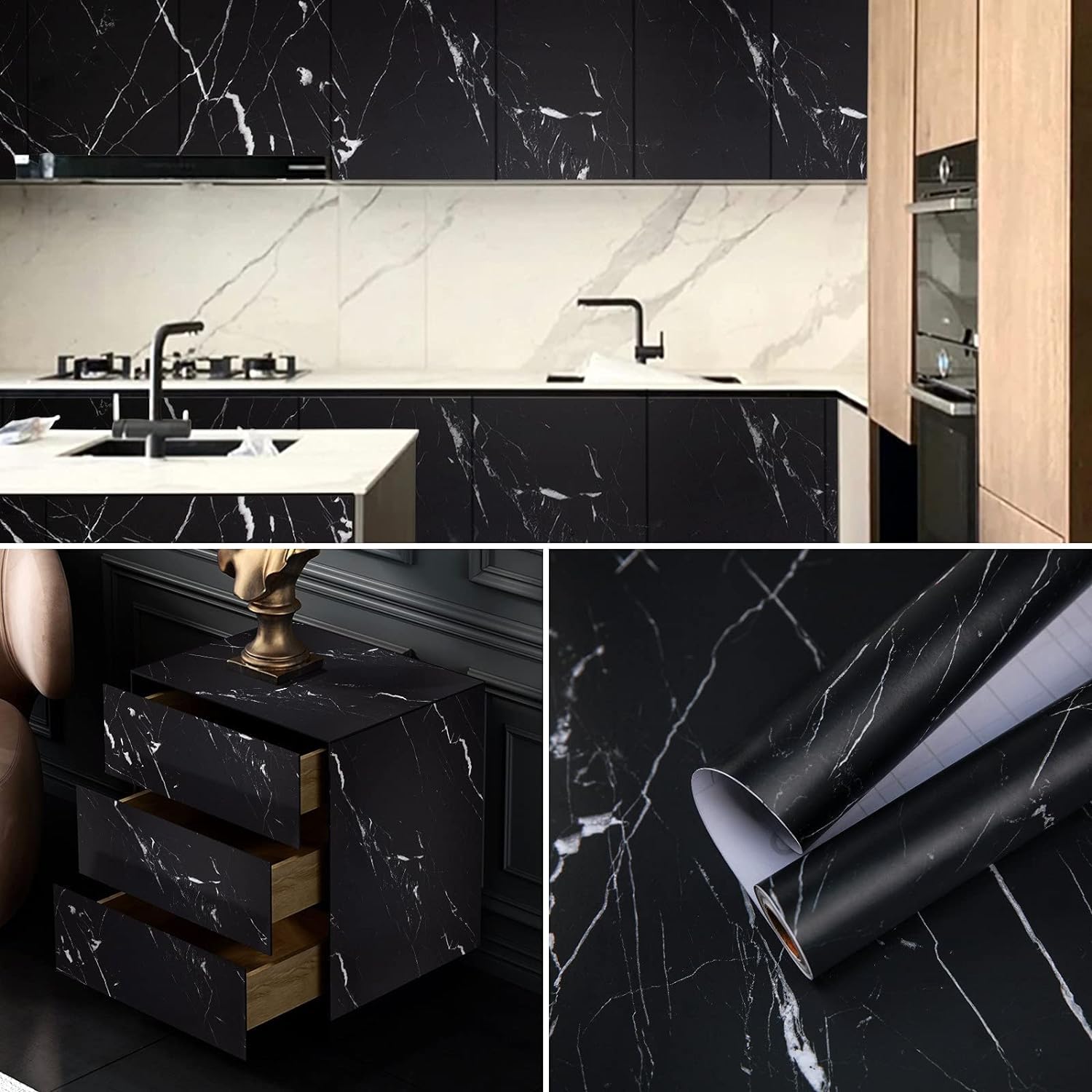 practicalWs 17.71" x 78.7" Marble Contact Paper Black/White Peel and Stick Wallpaper Thicken Self Adhesive Black Wallpaper for Countertops Cabinets Decorative Easy to Remove Upgrade - Medaid International