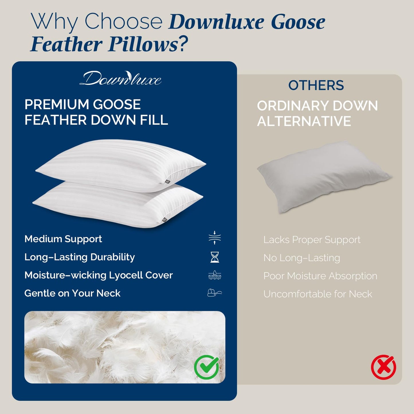 downluxe Goose Feather and Down Pillows - Hotel Collection Feather Pillows Set of 2 for Back, Stomach or Side Sleepers, Queen Size (20"x28") - Medaid International