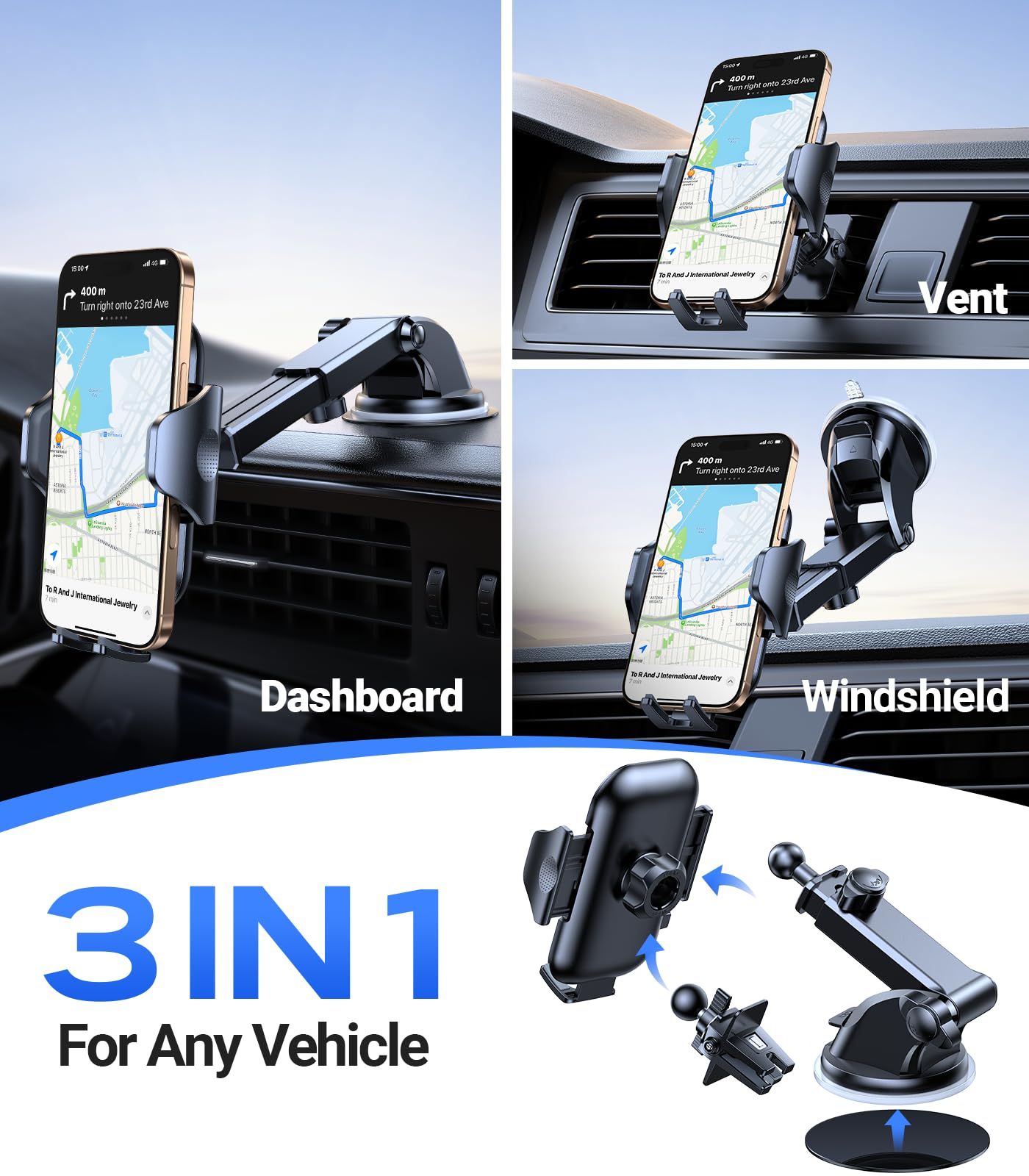 VICSEED True Military-Grade Phone Holders for Your Car [Upgraded 95+LBS Strongest Suction] Cell Phone Mount for Car Dashboard Windshield Vent Truck Boat Stand Adjustable for iPhone 17 ProMax Android - Medaid International
