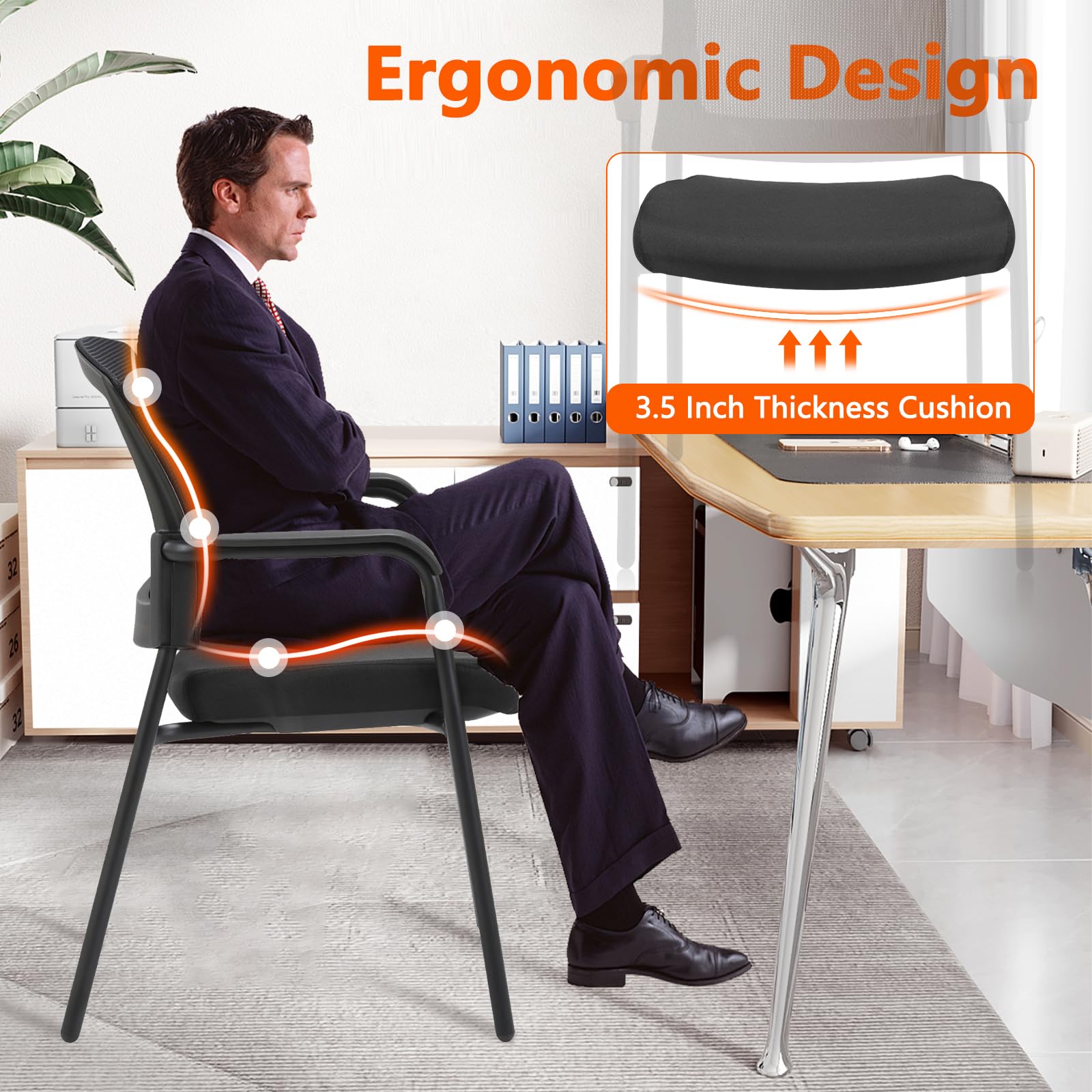 CLATINA Office Reception Guest Chair Mesh Back Stacking with Ergonomic Lumbar Support and Thickened Seat Cushion for Waiting Conference Room Black - Medaid International