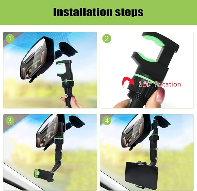 Multifunctional Car Phone Holder Mount, Rearview Mirror Phone Holder for Car, 360 Degree Rotatable - Medaid International