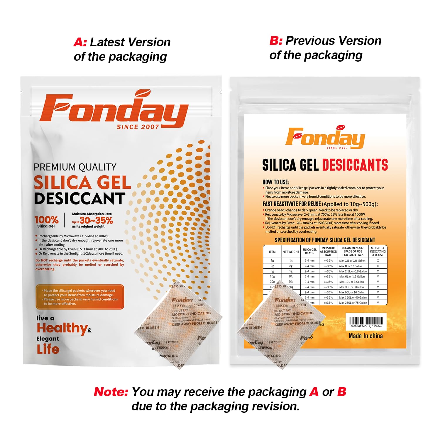 5g x 60 packs Fonday Rechargeable Silica Gel Desiccant Packets Food Grade Fast Reactivate Desiccant Bags Moisture Indicating Orange to Green - Medaid International