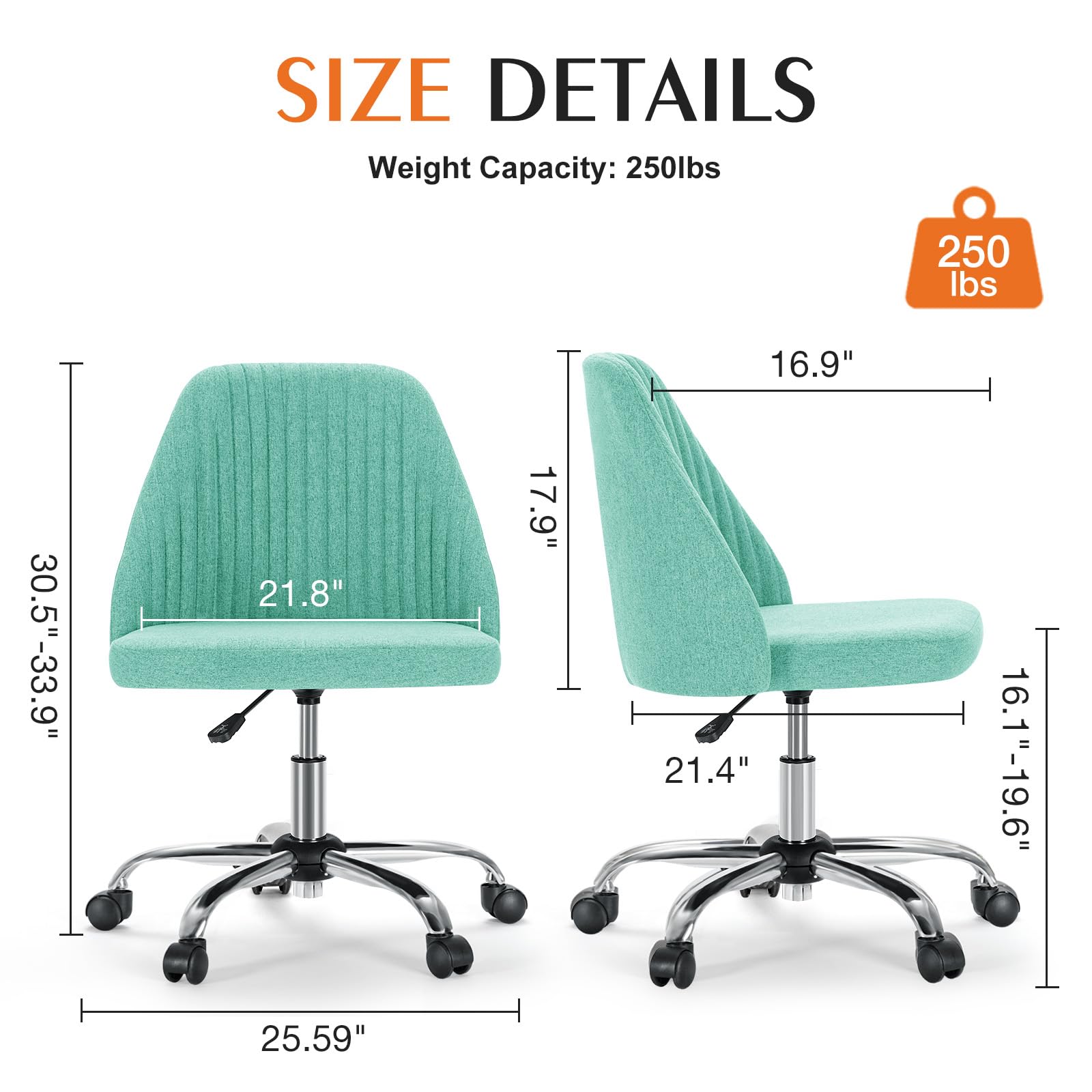 Sweetcrispy Armless Office Chair, Modern Fabric Home Office Desk Chairs with Wheels Adjustable Swivel Task Computer Vanity Seat for Small Spaces - Medaid International