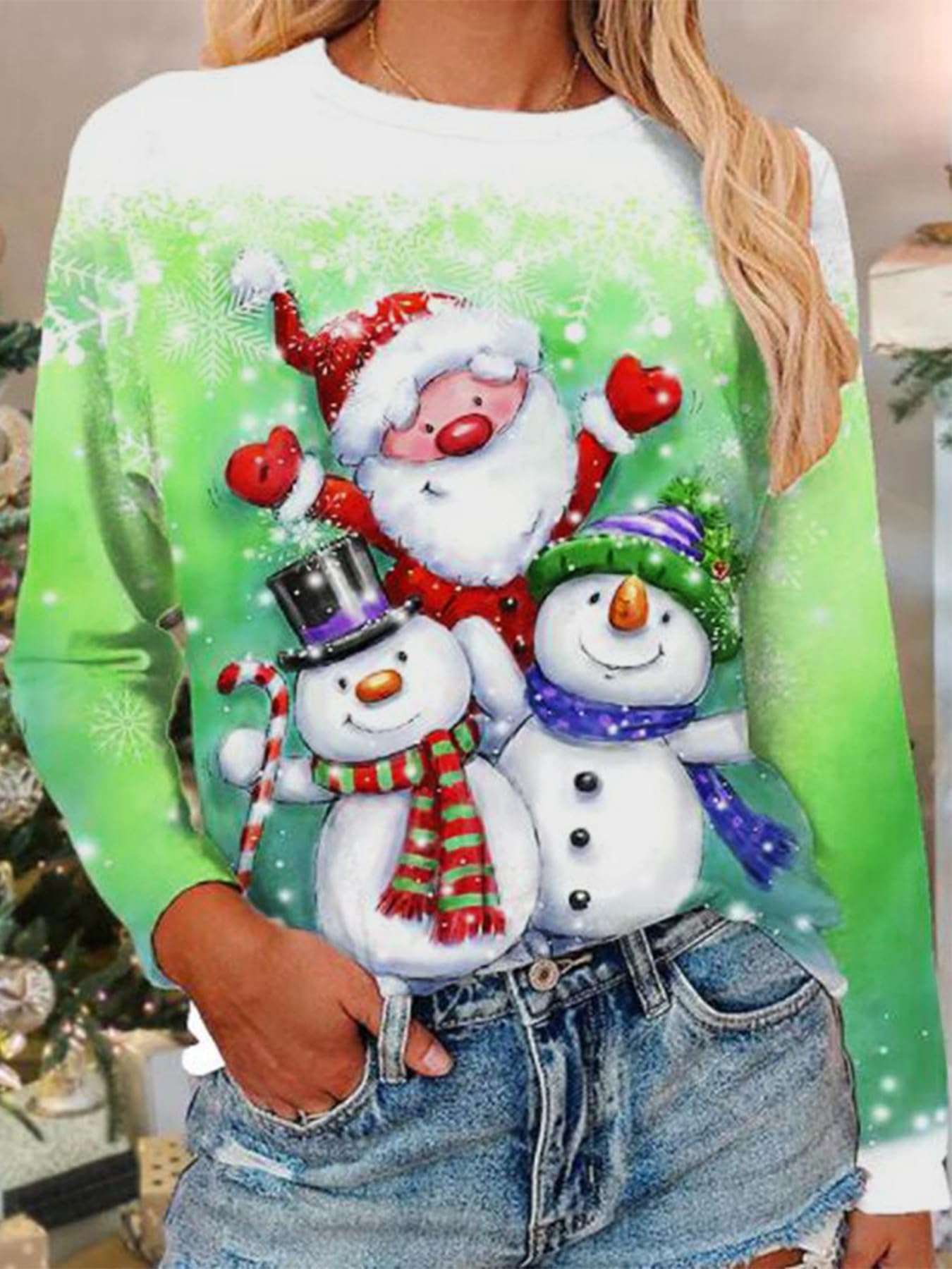 Women's Christmas T-Shirt Crew Neck Funny Graphic Tee Tops X'Mas Casual Top (Green, XXL) - Medaid International