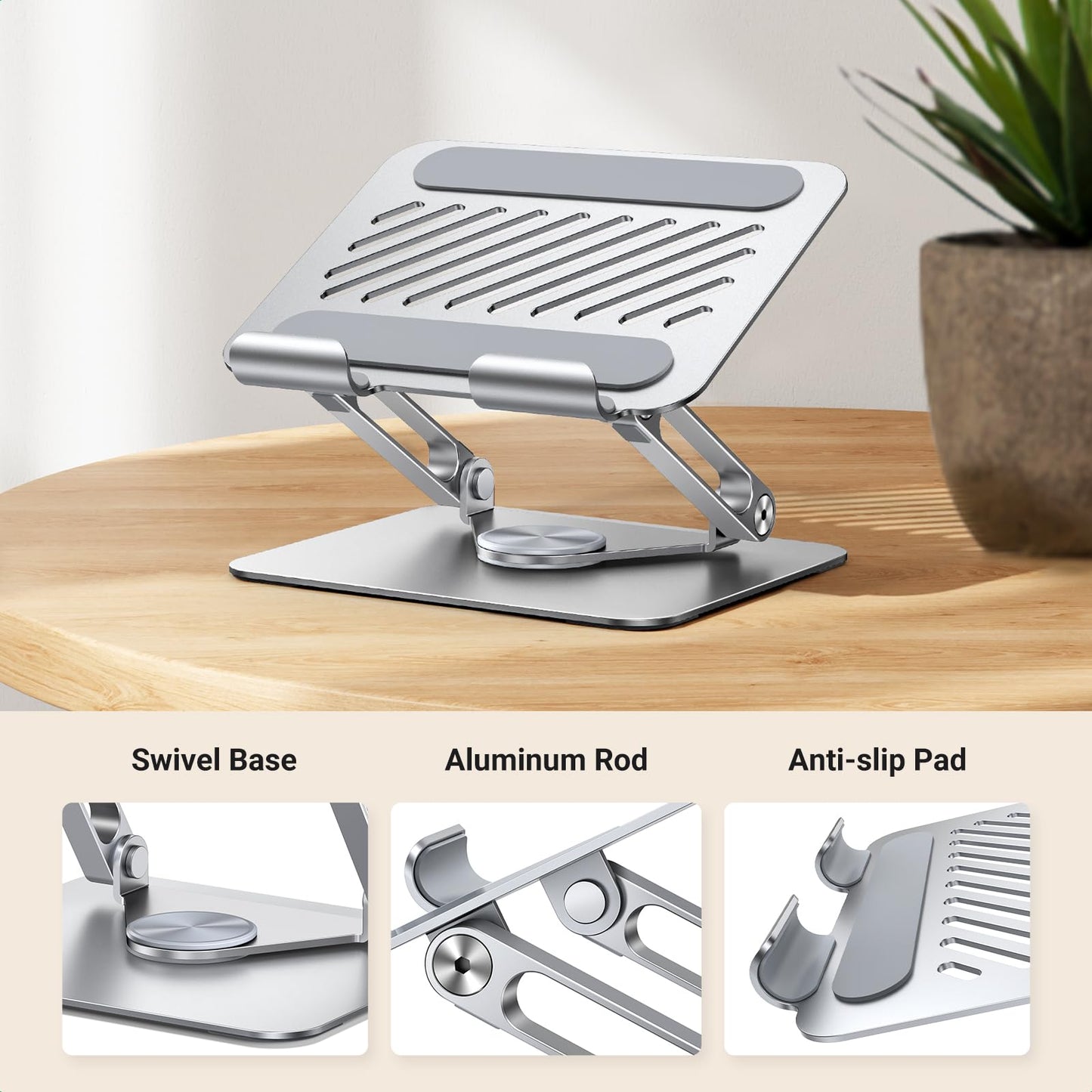 UGREEN Tablet Stand Holder for Desk with 360° Rotating Base Aluminum Dual Rod Support Adjustable Home Office Accessories Compatible with iPad Pro 13 12 11 Air Mini 5 4 3 Phone E-Reader Silver - Medaid International