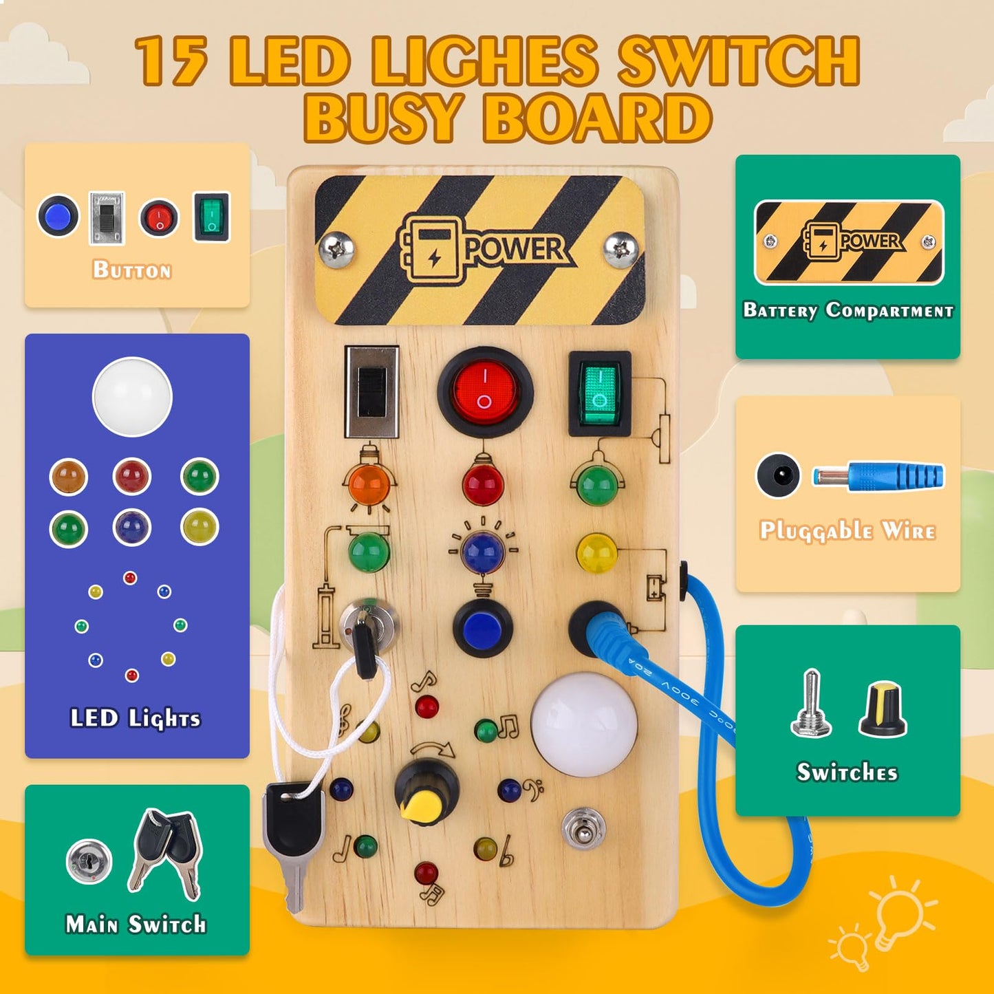 Montessori Wooden Busy Board with 8 LED Light switches, Sensory Toys Light Switch Travel Toys for 1+ Year Old Baby and Toddler - Medaid International
