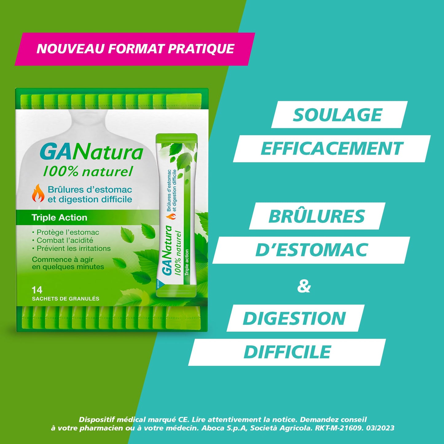 GANatura - 100% Naturel - Brûlures d'estomac et digestion difficile - 14 Sachets - Format Pratique - Medaid International