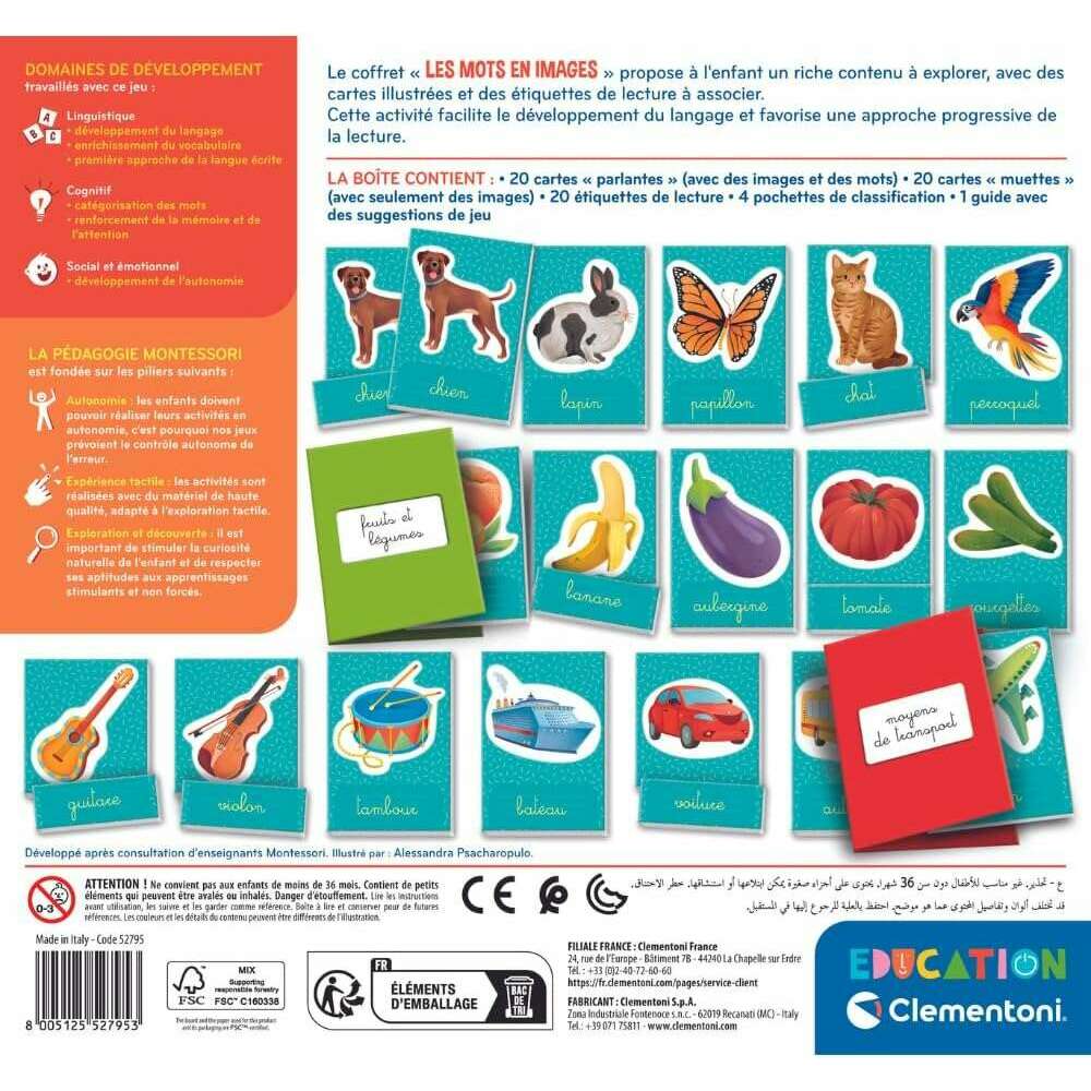 Words in Montessori Images | Includes 40 Cards, 20 Labels, 4 Sleeves - FR - Medaid International