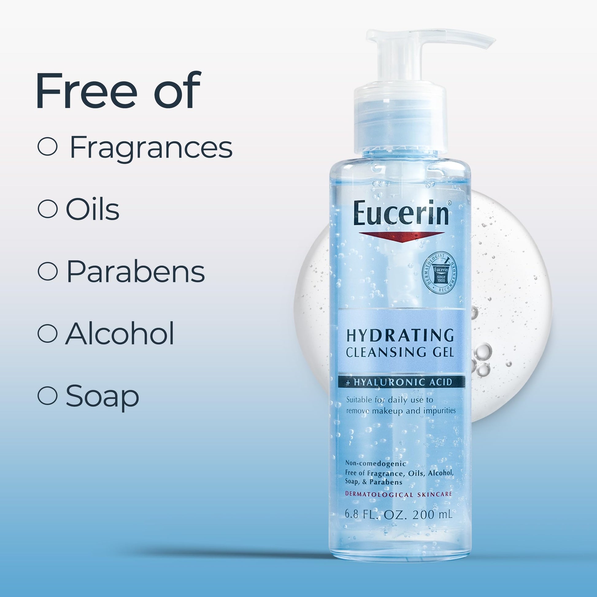 Eucerin Hydrating Cleansing Gel, Daily Face Wash and Makeup Remover Formulated with Hyaluronic Acid, 6.8 Fl Oz Bottle - Medaid International