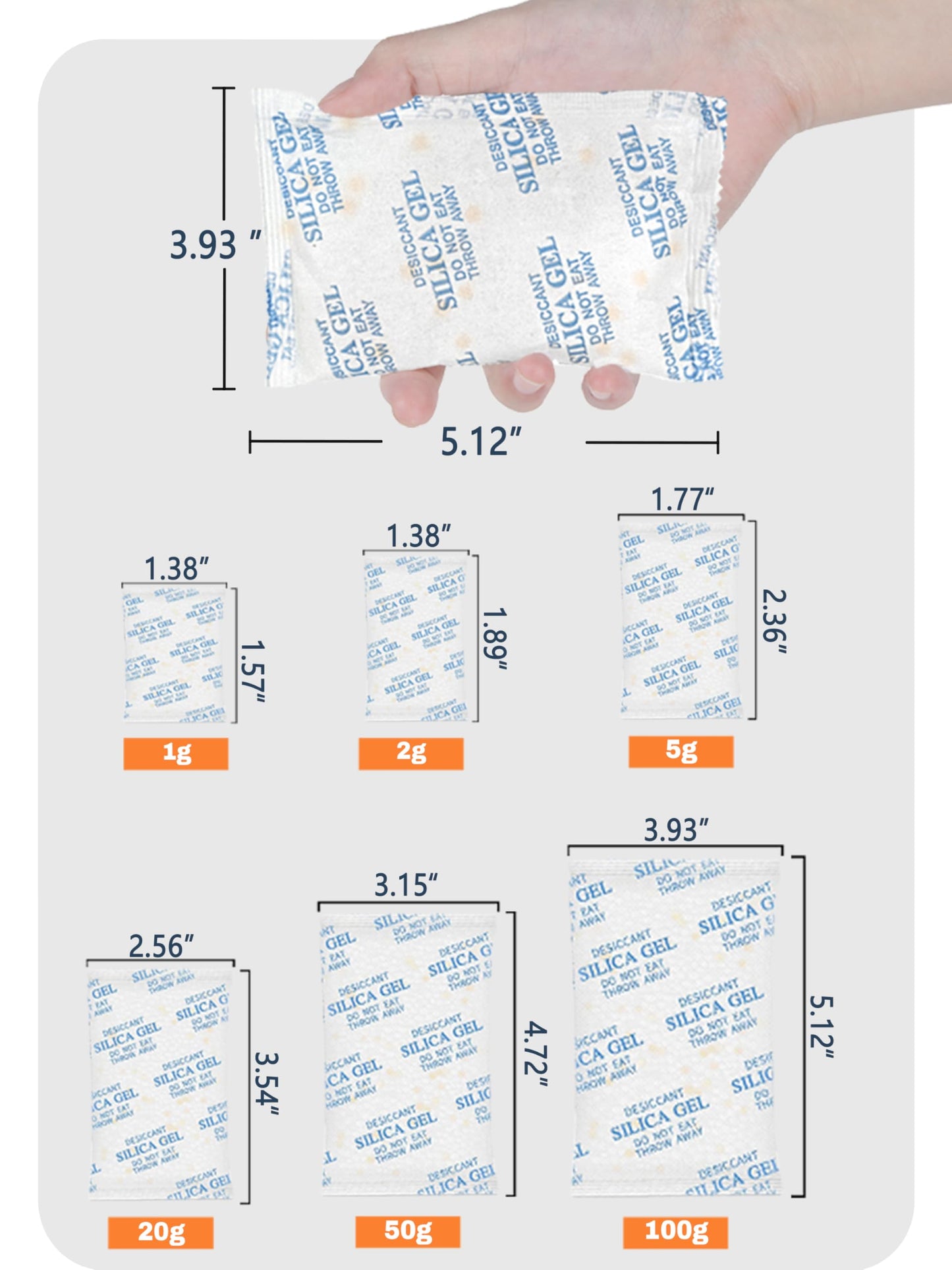 Vbeijll 5 Gram (50 Pack) Color-Indicating Silica Gel Packets, Premium Food Grade Desiccant - Rechargeable Moisture Absorbers for Food Storage, Electronics, 3D Filament & Safes - Medaid International