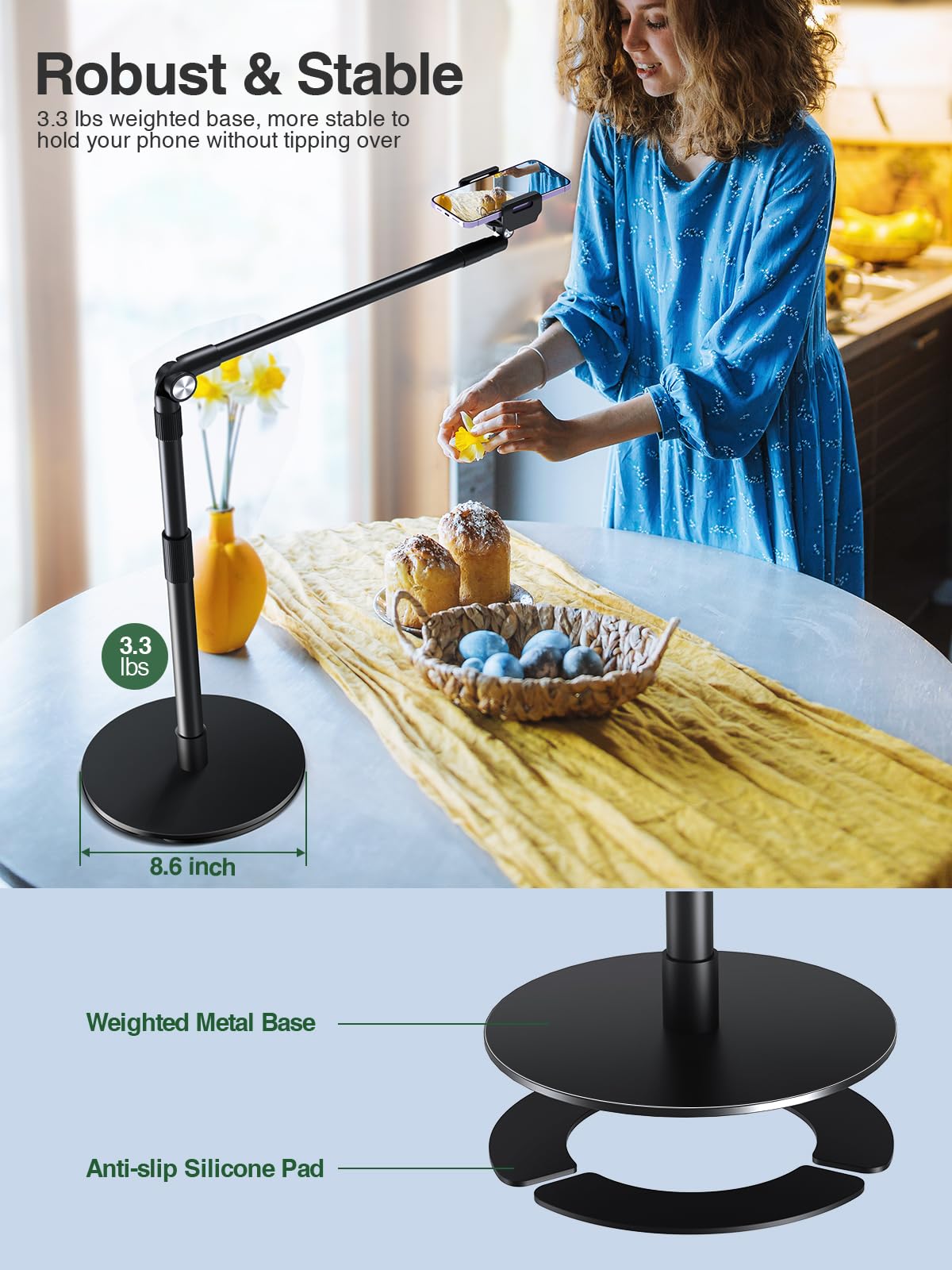 elitehood Heavy Duty Aluminum Overhead Phone Stand, 15 in Long Arm iPhone Holder for Video Recording, 360 Degrees Swivel Tilt Overhead Phone Mount for Filming, Meeting, Cooking, Painting and Crafting - Medaid International