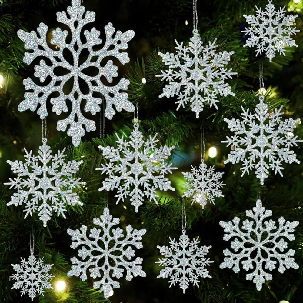 18Pcs Iridescent Silver Christmas Snowflake Hanging Ornaments, Plastic Sparkling Glitter Hanging Snow Flakes for Christmas Tree Decorations Winter Wonderland Frozen Birthday Party Holiday Home Decor - Medaid International