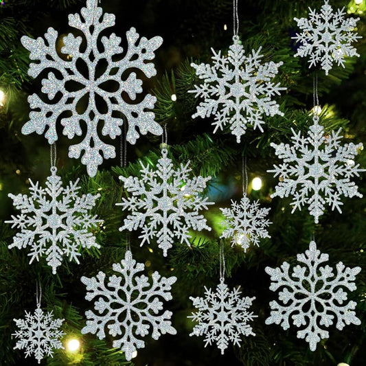 18Pcs Iridescent Silver Christmas Snowflake Hanging Ornaments, Plastic Sparkling Glitter Hanging Snow Flakes for Christmas Tree Decorations Winter Wonderland Frozen Birthday Party Holiday Home Decor - Medaid International