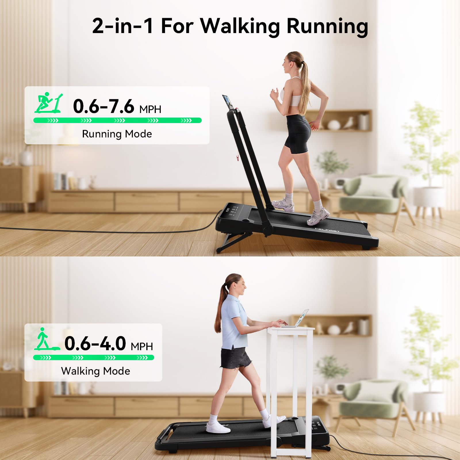 FelFast Walking Pad Treadmill with 15% 9° 8 Level Auto Incline, 2-in-1 Under Desk Foldable w/Remote Control, 12 HIIT Mode, 450 Lbs Max, 7.6 MPH Max, Portable Mini Treadmill for Office Home - Medaid International